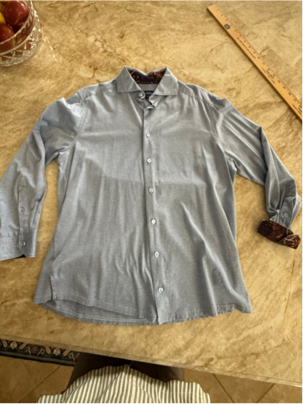 Men's Eton stretchy knit Dress Shirt Size M Blue with Brown Paisley Accents.